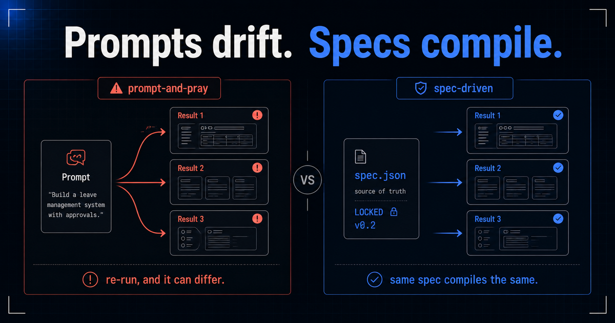 Prompt-and-pray: one prompt re-runs into mismatched field names (userId / user_id / uid). Spec-driven: a spec.json compiles to the same result every run.